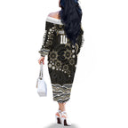 Personalized Collingwood Magpies Football Family Matching Off The Shoulder Long Sleeve Dress and Hawaiian Shirt Aboriginal Dot Art - Dreamtime Football Mascot