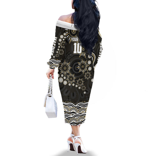 Personalized Collingwood Magpies Football Family Matching Off The Shoulder Long Sleeve Dress and Hawaiian Shirt Aboriginal Dot Art - Dreamtime Football Mascot