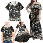 Personalized Collingwood Magpies Football Family Matching Off Shoulder Maxi Dress and Hawaiian Shirt Aboriginal Dot Art - Dreamtime Football Mascot
