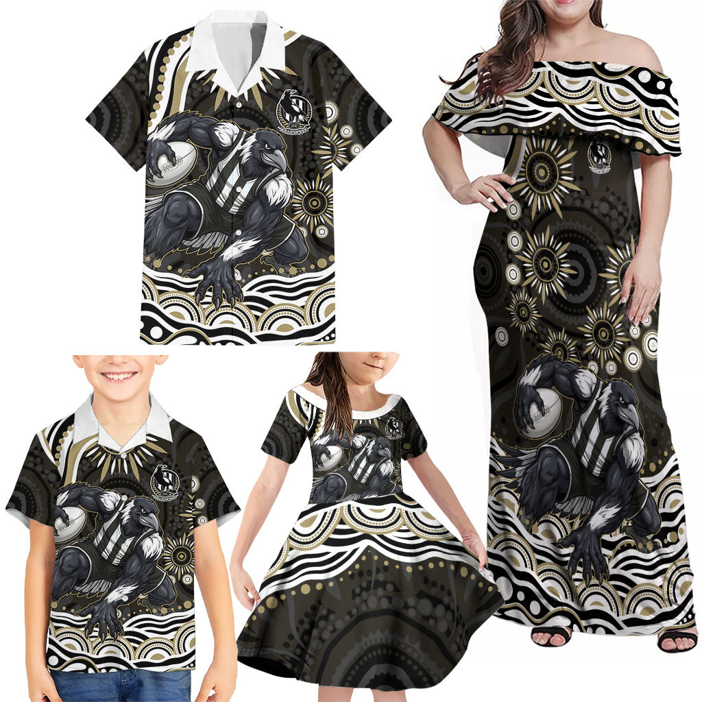 Personalized Collingwood Magpies Football Family Matching Off Shoulder Maxi Dress and Hawaiian Shirt Aboriginal Dot Art - Dreamtime Football Mascot