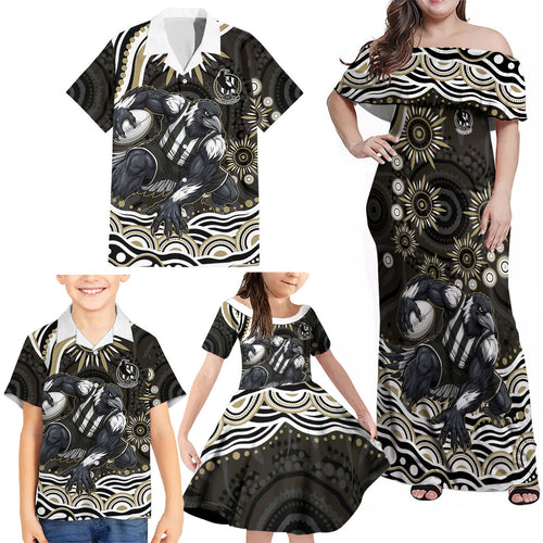 Personalized Collingwood Magpies Football Family Matching Off Shoulder Maxi Dress and Hawaiian Shirt Aboriginal Dot Art - Dreamtime Football Mascot