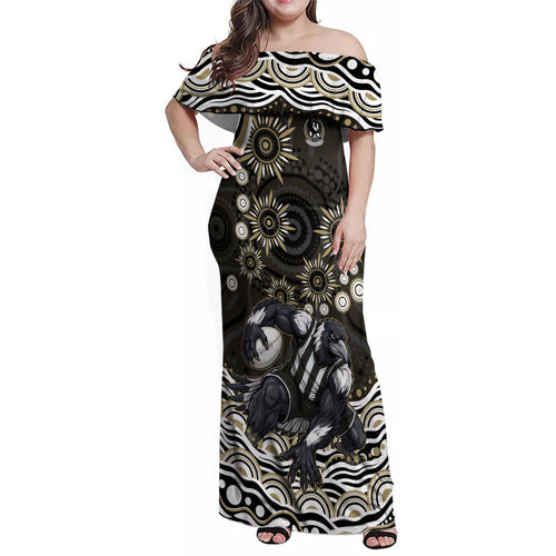 Personalized Collingwood Magpies Football Family Matching Off Shoulder Maxi Dress and Hawaiian Shirt Aboriginal Dot Art - Dreamtime Football Mascot