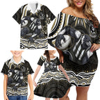 Personalized Collingwood Magpies Football Family Matching Off Shoulder Short Dress and Hawaiian Shirt Aboriginal Dot Art - Dreamtime Football Mascot