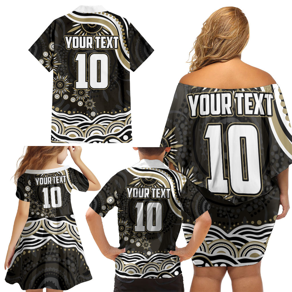 Personalized Collingwood Magpies Football Family Matching Off Shoulder Short Dress and Hawaiian Shirt Aboriginal Dot Art - Dreamtime Football Mascot