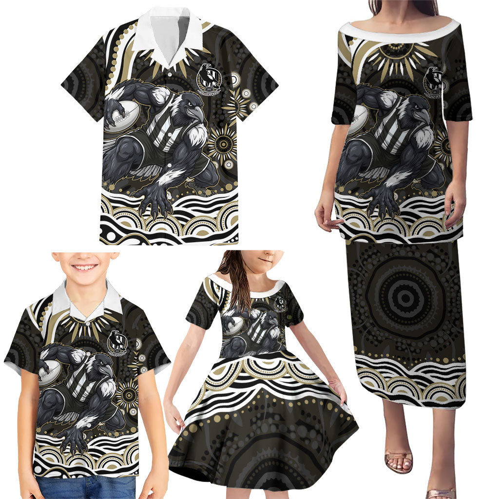 Personalized Collingwood Magpies Football Family Matching Puletasi and Hawaiian Shirt Aboriginal Dot Art - Dreamtime Football Mascot