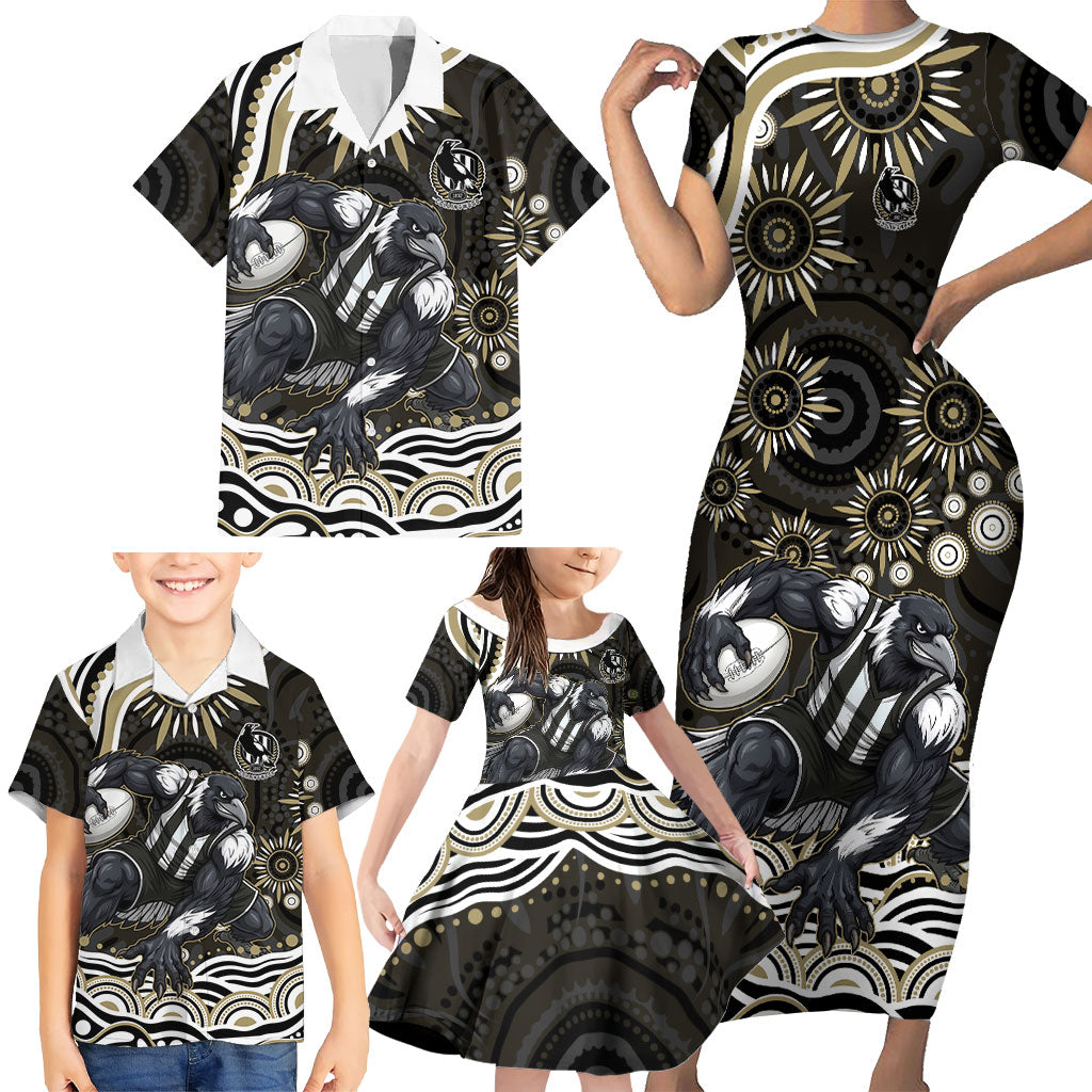 Personalized Collingwood Magpies Football Family Matching Short Sleeve Bodycon Dress and Hawaiian Shirt Aboriginal Dot Art - Dreamtime Football Mascot