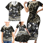 Personalized Collingwood Magpies Football Family Matching Short Sleeve Bodycon Dress and Hawaiian Shirt Aboriginal Dot Art - Dreamtime Football Mascot