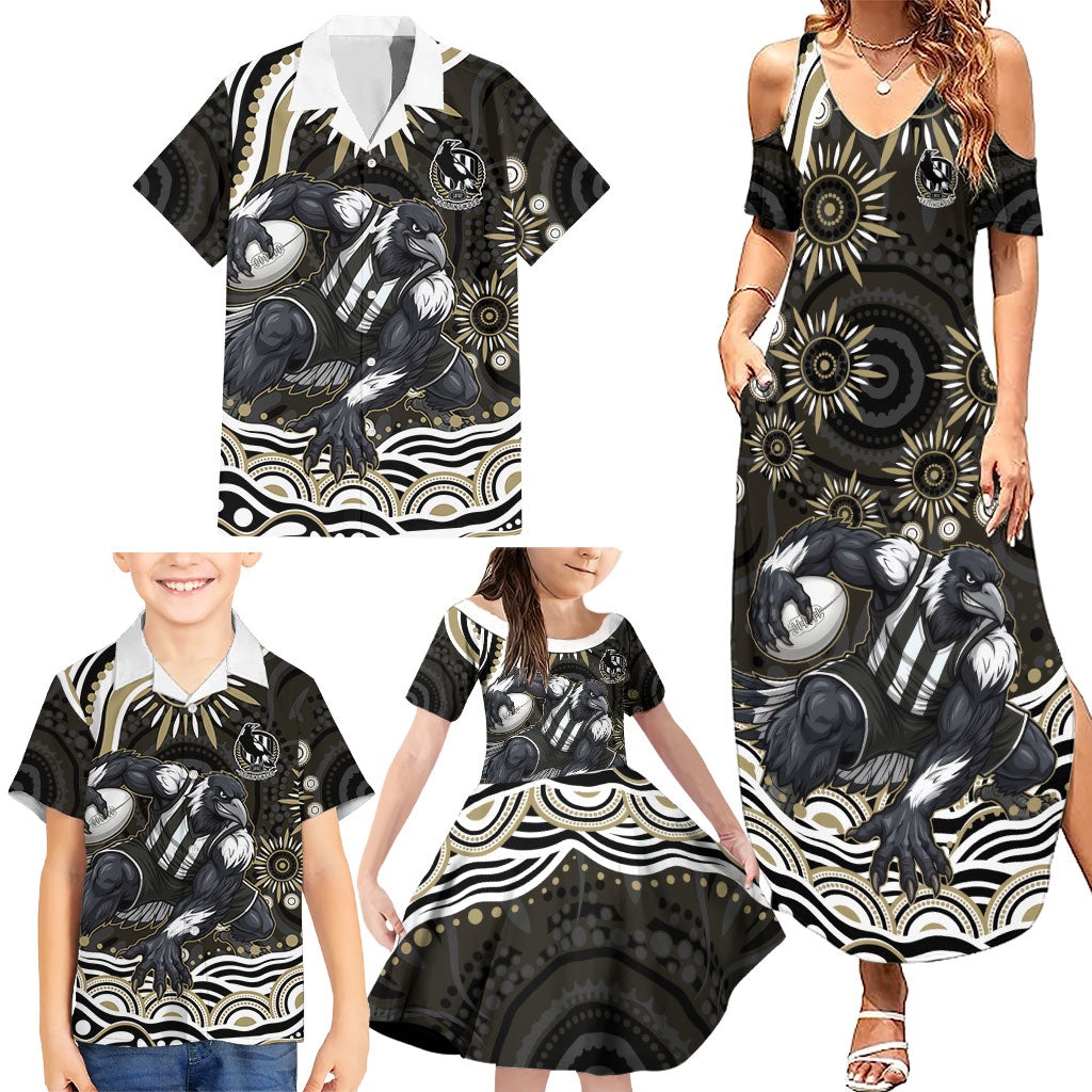 Personalized Collingwood Magpies Football Family Matching Summer Maxi Dress and Hawaiian Shirt Aboriginal Dot Art - Dreamtime Football Mascot