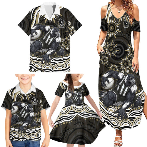 Personalized Collingwood Magpies Football Family Matching Summer Maxi Dress and Hawaiian Shirt Aboriginal Dot Art - Dreamtime Football Mascot