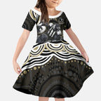 Personalized Collingwood Magpies Football Kid Short Sleeve Dress Aboriginal Dot Art - Dreamtime Football Mascot
