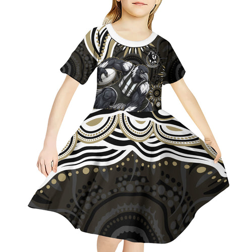Personalized Collingwood Magpies Football Kid Short Sleeve Dress Aboriginal Dot Art - Dreamtime Football Mascot