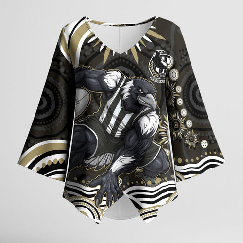 Personalized Collingwood Magpies Football Kimono Sleeve Blouse Aboriginal Dot Art - Dreamtime Football Mascot