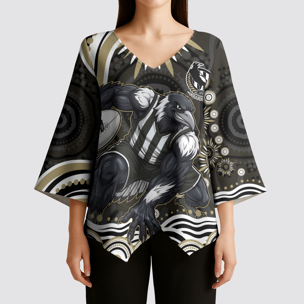 Personalized Collingwood Magpies Football Kimono Sleeve Blouse Aboriginal Dot Art - Dreamtime Football Mascot