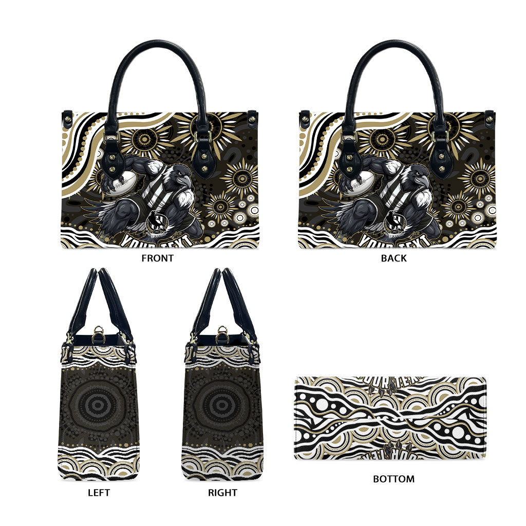 Personalized Collingwood Magpies Football Leather Bag Aboriginal Dot Art - Dreamtime Football Mascot
