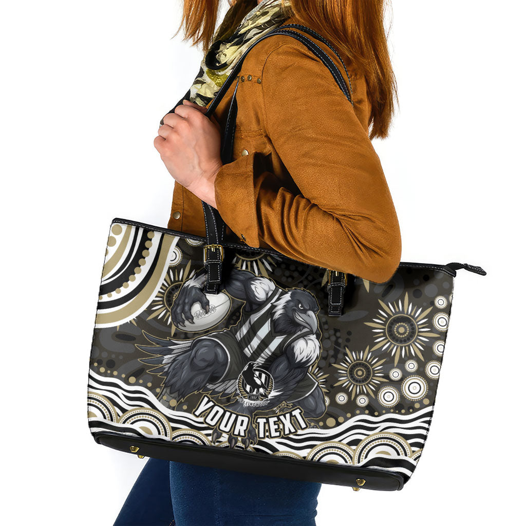 Personalized Collingwood Magpies Football Leather Tote Bag Aboriginal Dot Art - Dreamtime Football Mascot