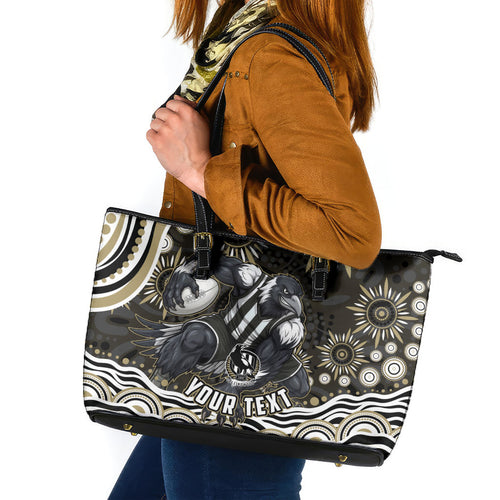 Personalized Collingwood Magpies Football Leather Tote Bag Aboriginal Dot Art - Dreamtime Football Mascot