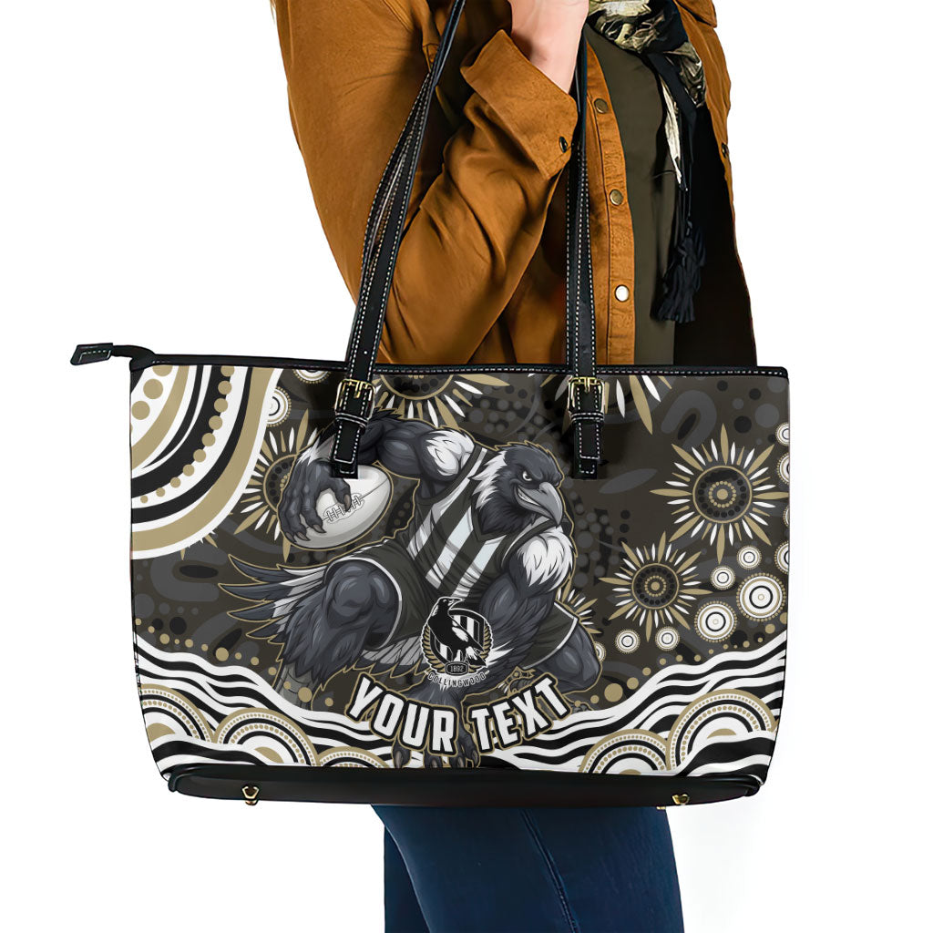 Personalized Collingwood Magpies Football Leather Tote Bag Aboriginal Dot Art - Dreamtime Football Mascot