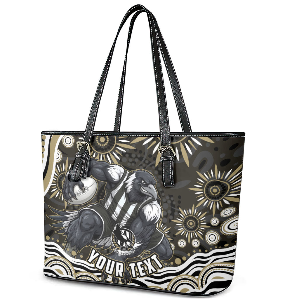 Personalized Collingwood Magpies Football Leather Tote Bag Aboriginal Dot Art - Dreamtime Football Mascot