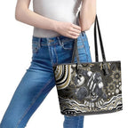Personalized Collingwood Magpies Football Leather Tote Bag Aboriginal Dot Art - Dreamtime Football Mascot