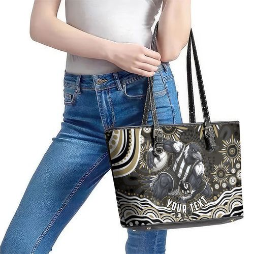 Personalized Collingwood Magpies Football Leather Tote Bag Aboriginal Dot Art - Dreamtime Football Mascot