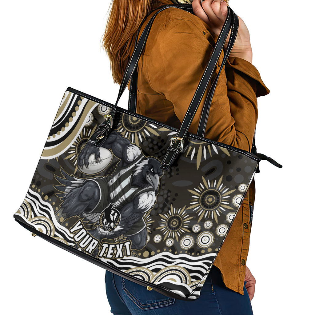 Personalized Collingwood Magpies Football Leather Tote Bag Aboriginal Dot Art - Dreamtime Football Mascot