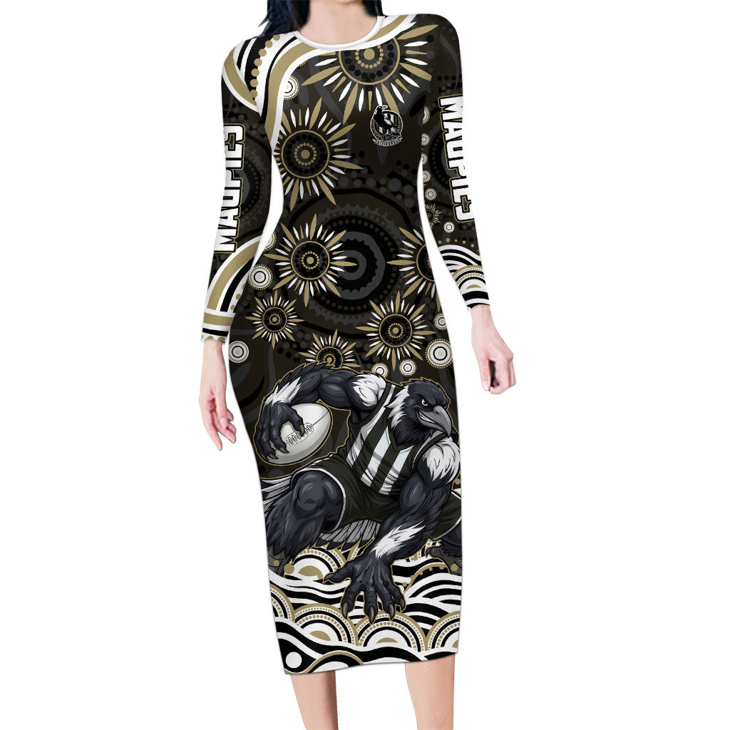 Personalized Collingwood Magpies Football Long Sleeve Bodycon Dress Aboriginal Dot Art - Dreamtime Football Mascot