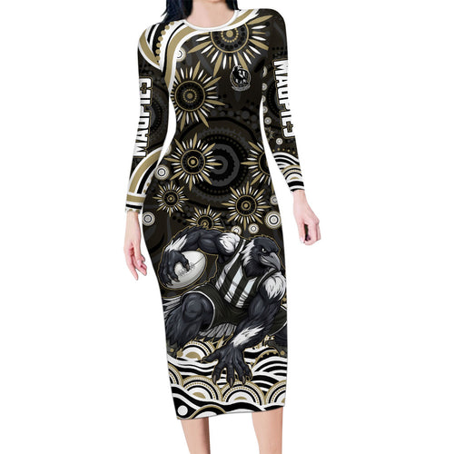Personalized Collingwood Magpies Football Long Sleeve Bodycon Dress Aboriginal Dot Art - Dreamtime Football Mascot