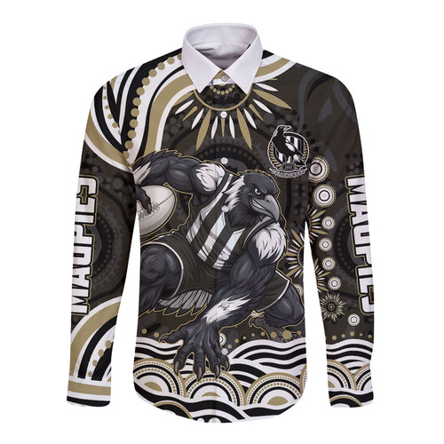 Personalized Collingwood Magpies Football Long Sleeve Button Shirt Aboriginal Dot Art - Dreamtime Football Mascot