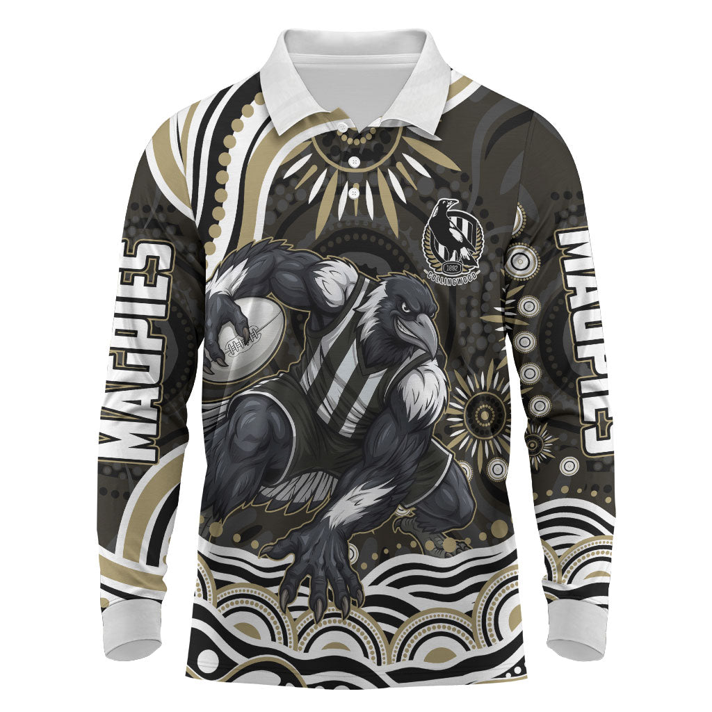 Personalized Collingwood Magpies Football Long Sleeve Polo Shirt Aboriginal Dot Art - Dreamtime Football Mascot