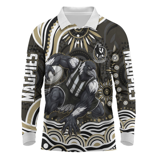Personalized Collingwood Magpies Football Long Sleeve Polo Shirt Aboriginal Dot Art - Dreamtime Football Mascot