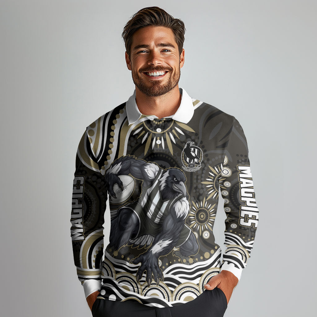 Personalized Collingwood Magpies Football Long Sleeve Polo Shirt Aboriginal Dot Art - Dreamtime Football Mascot