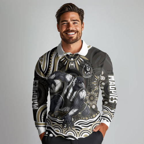 Personalized Collingwood Magpies Football Long Sleeve Polo Shirt Aboriginal Dot Art - Dreamtime Football Mascot