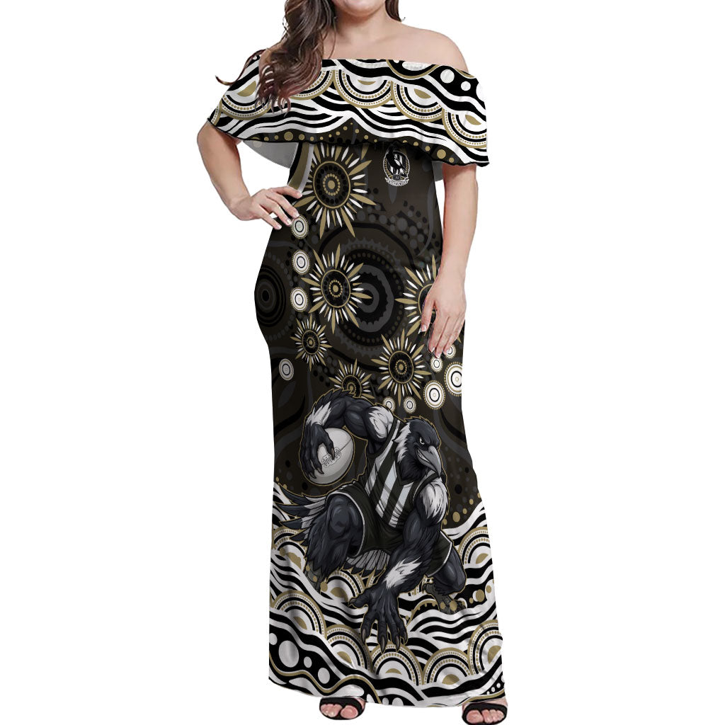 Personalized Collingwood Magpies Football Off Shoulder Maxi Dress Aboriginal Dot Art - Dreamtime Football Mascot