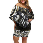 Personalized Collingwood Magpies Football Off Shoulder Short Dress Aboriginal Dot Art - Dreamtime Football Mascot