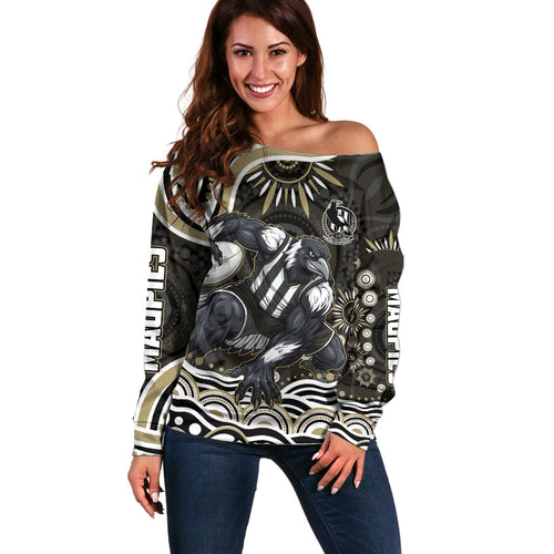Personalized Collingwood Magpies Football Off Shoulder Sweater Aboriginal Dot Art - Dreamtime Football Mascot