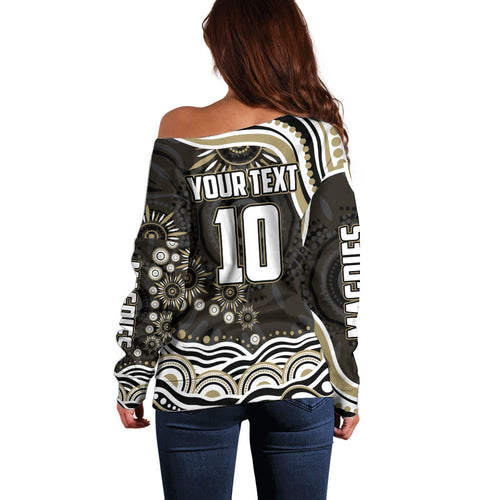 Personalized Collingwood Magpies Football Off Shoulder Sweater Aboriginal Dot Art - Dreamtime Football Mascot