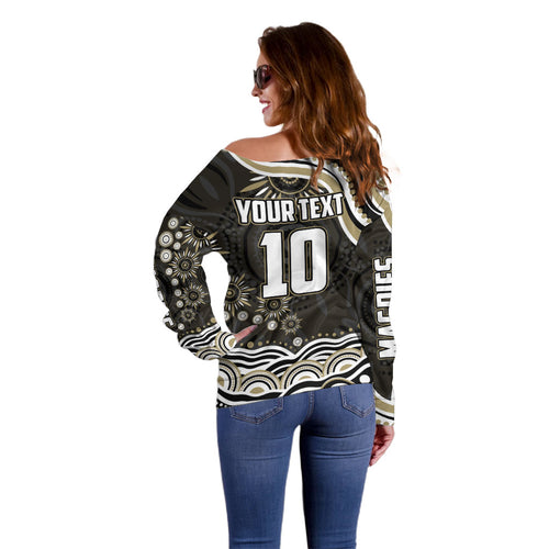 Personalized Collingwood Magpies Football Off Shoulder Sweater Aboriginal Dot Art - Dreamtime Football Mascot