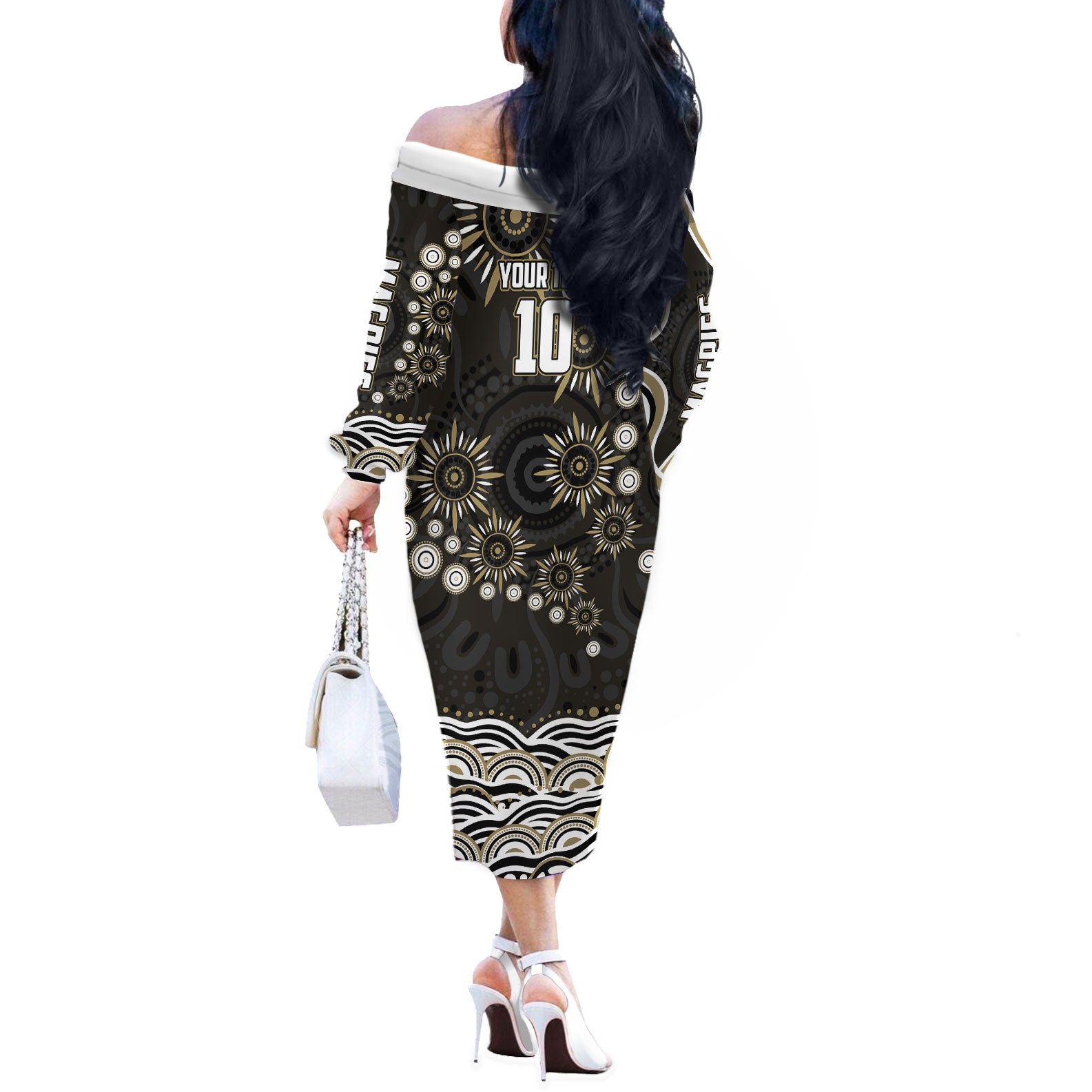 Personalized Collingwood Magpies Football Off The Shoulder Long Sleeve Dress Aboriginal Dot Art - Dreamtime Football Mascot