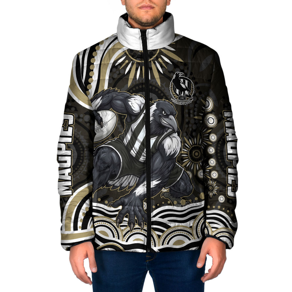 Personalized Collingwood Magpies Football Padded Jacket Aboriginal Dot Art - Dreamtime Football Mascot