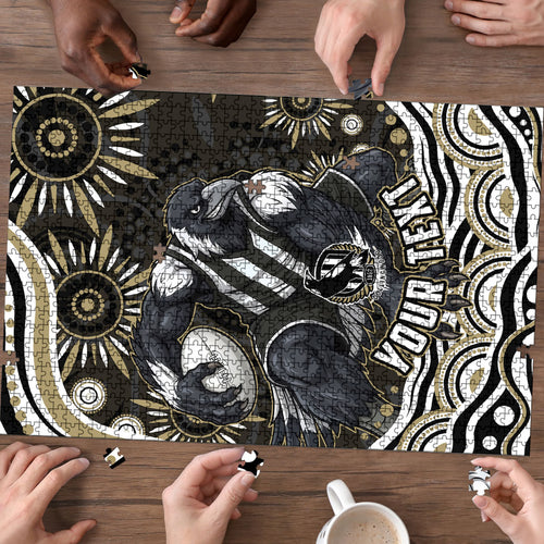 Personalized Collingwood Magpies Football Puzzle Aboriginal Dot Art - Dreamtime Football Mascot