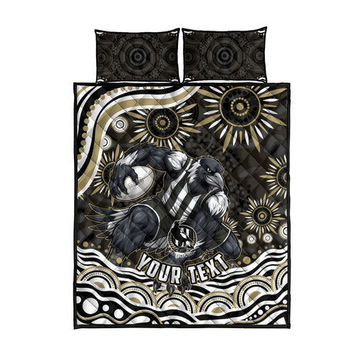 Personalized Collingwood Magpies Football Quilt Bed Set Aboriginal Dot Art - Dreamtime Football Mascot