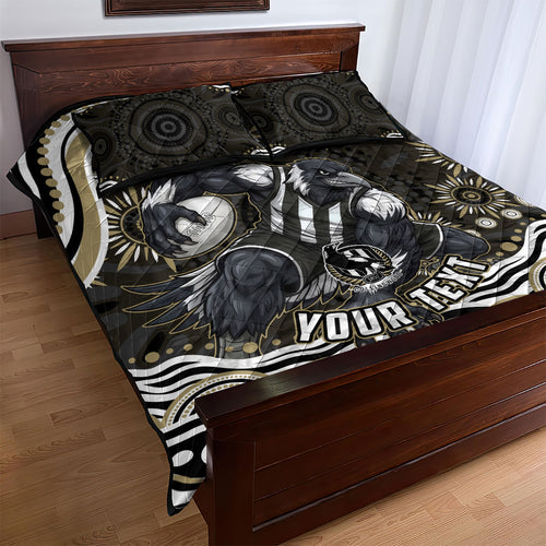 Personalized Collingwood Magpies Football Quilt Bed Set Aboriginal Dot Art - Dreamtime Football Mascot