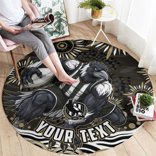 Personalized Collingwood Magpies Football Round Carpet Aboriginal Dot Art - Dreamtime Football Mascot