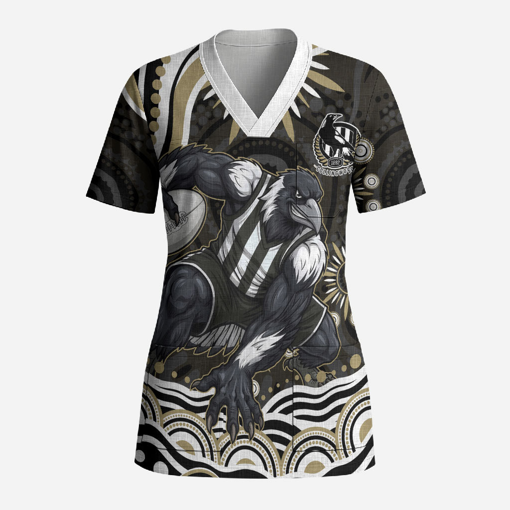 Personalized Collingwood Magpies Football Scrub Top Aboriginal Dot Art - Dreamtime Football Mascot