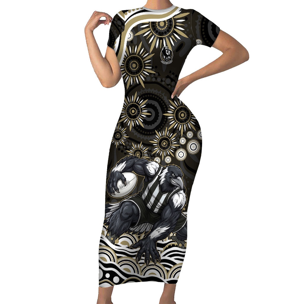 Personalized Collingwood Magpies Football Short Sleeve Bodycon Dress Aboriginal Dot Art - Dreamtime Football Mascot