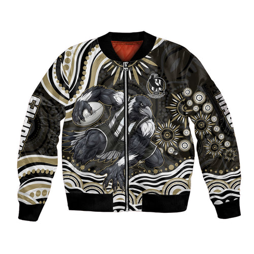 Personalized Collingwood Magpies Football Sleeve Zip Bomber Jacket Aboriginal Dot Art - Dreamtime Football Mascot