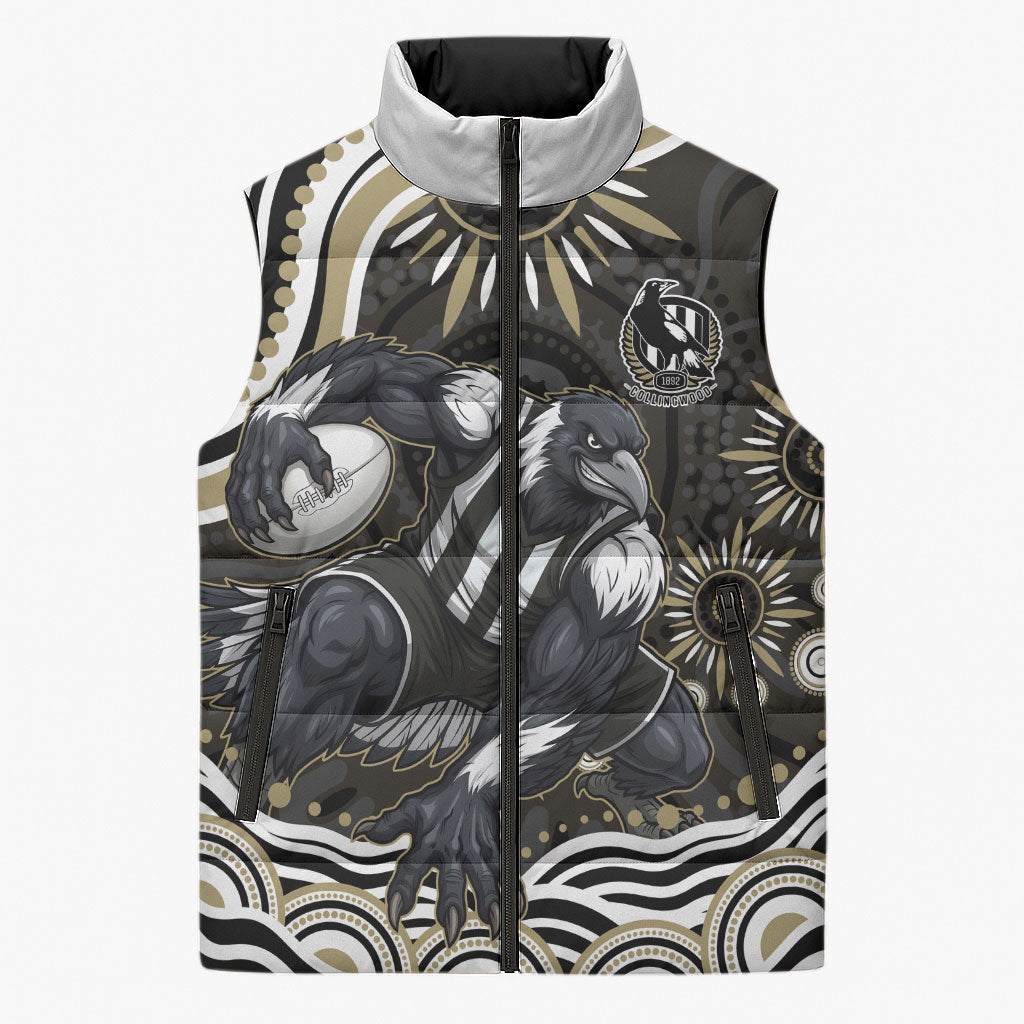 Personalized Collingwood Magpies Football Sleeveless Puffer Jacket Aboriginal Dot Art - Dreamtime Football Mascot