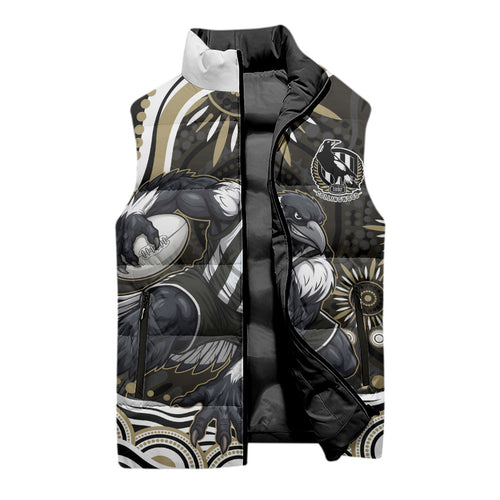 Personalized Collingwood Magpies Football Sleeveless Puffer Jacket Aboriginal Dot Art - Dreamtime Football Mascot