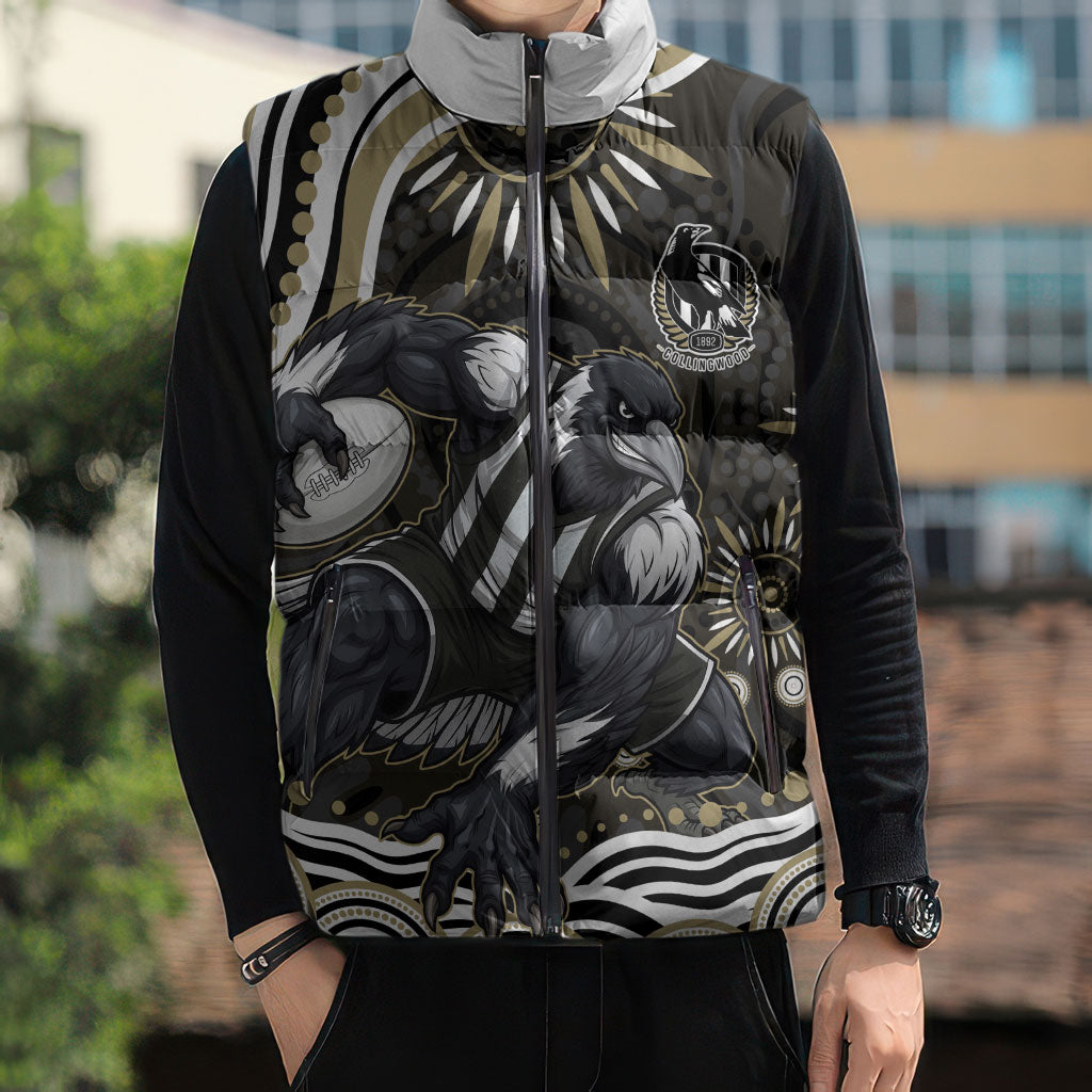 Personalized Collingwood Magpies Football Sleeveless Puffer Jacket Aboriginal Dot Art - Dreamtime Football Mascot