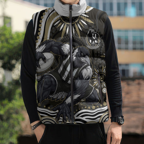 Personalized Collingwood Magpies Football Sleeveless Puffer Jacket Aboriginal Dot Art - Dreamtime Football Mascot